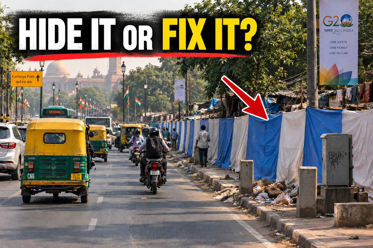 Delhi street with blue and white screens concealing a roadside settlement ahead of an international summit