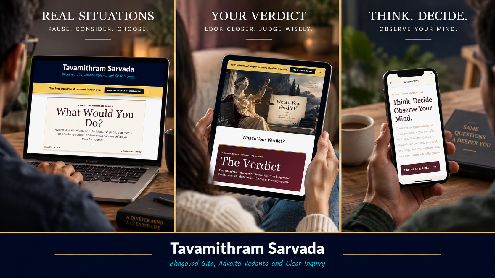 Three people using a laptop, tablet and mobile phone to explore Tavamithram interactive activities.