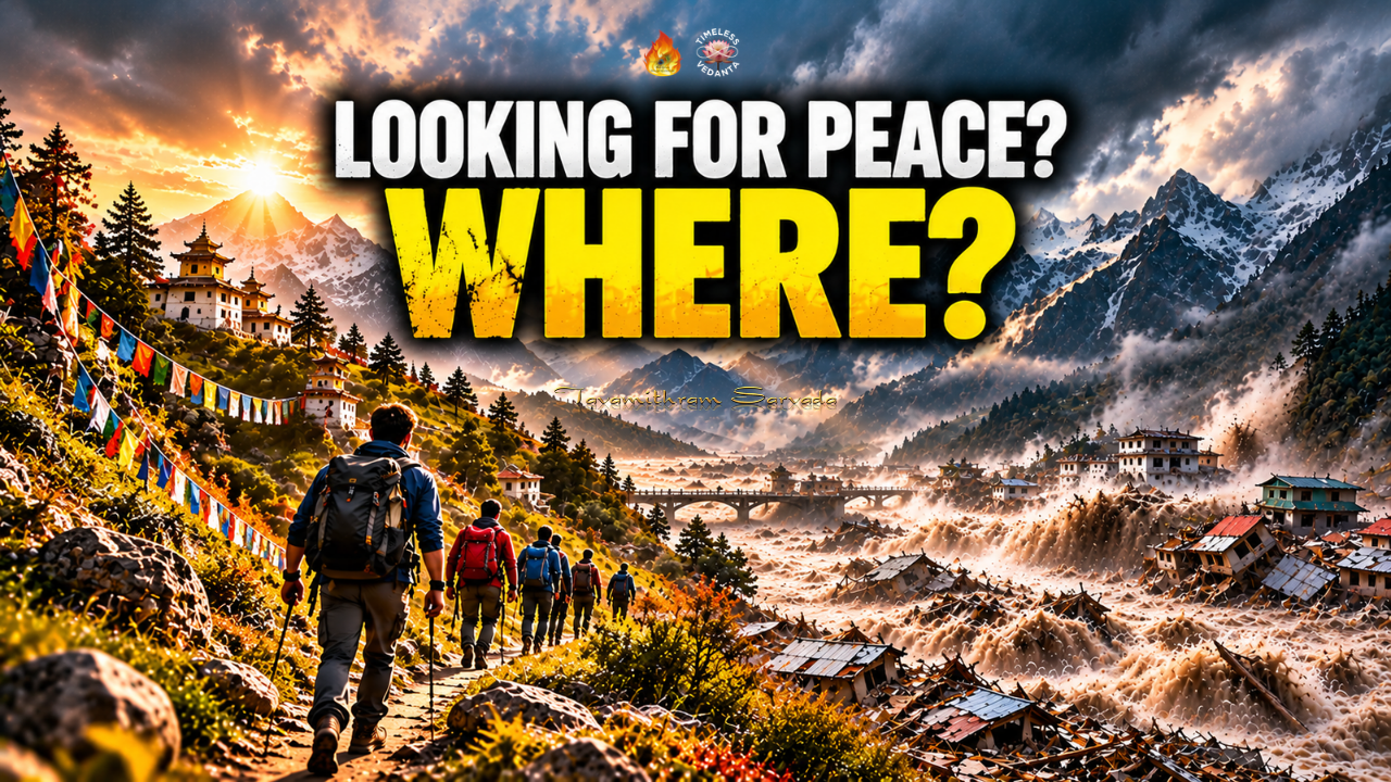 Hikers walking towards a Himalayan mountain valley as a devastating flood sweeps through buildings below, beneath the words “Looking for Peace? Where?”